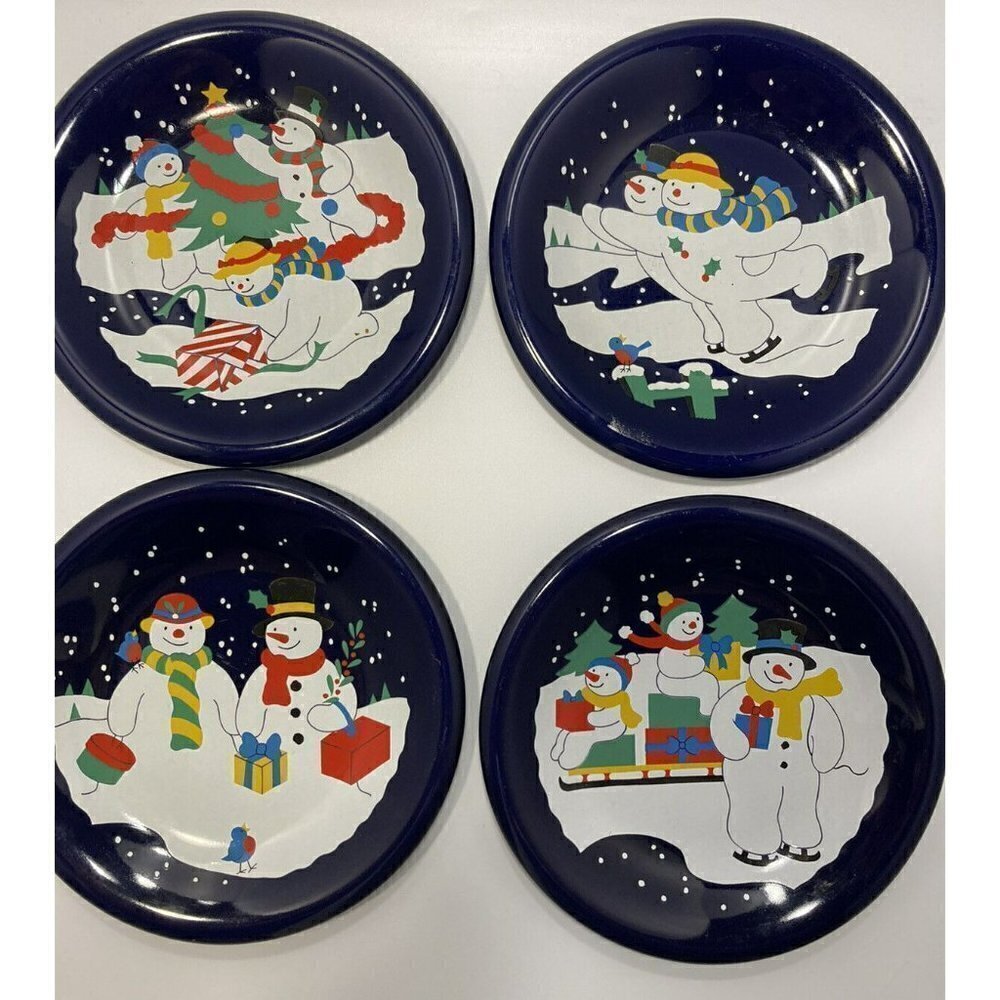 Vintage Lillian Vernon 1992 Cobalt Blue Ceramic Snowman Dessert Salad Plates 8”‎